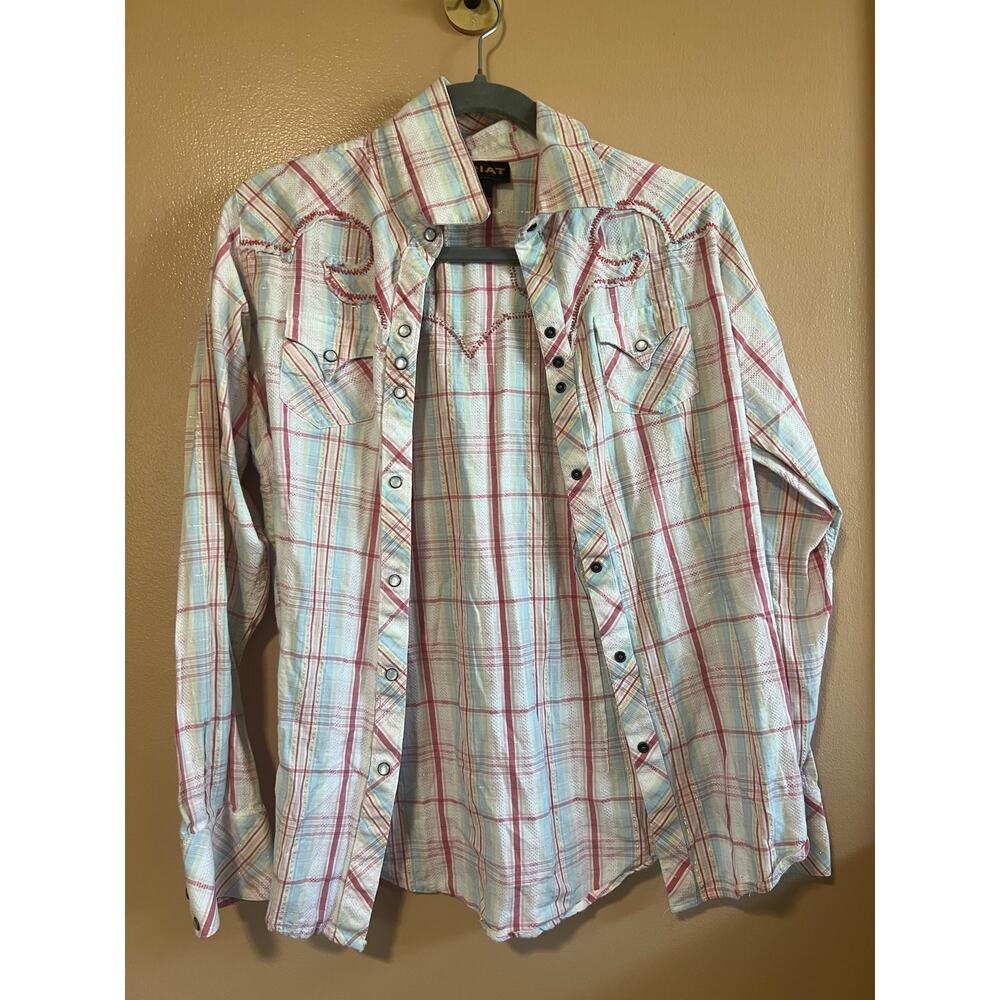 Womens M Western Pearl Snap Shirt White Plaid Lurex Cotton Long Sleeve